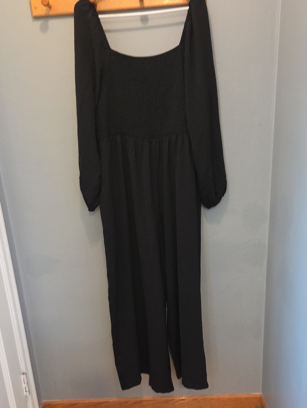 Black Long-Sleeve Smocked Jumpsuit